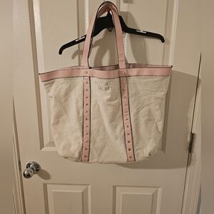 Victorias Secret Pink Studded Cream Canvas Extra Large Tote Gym Travel Book Bag
